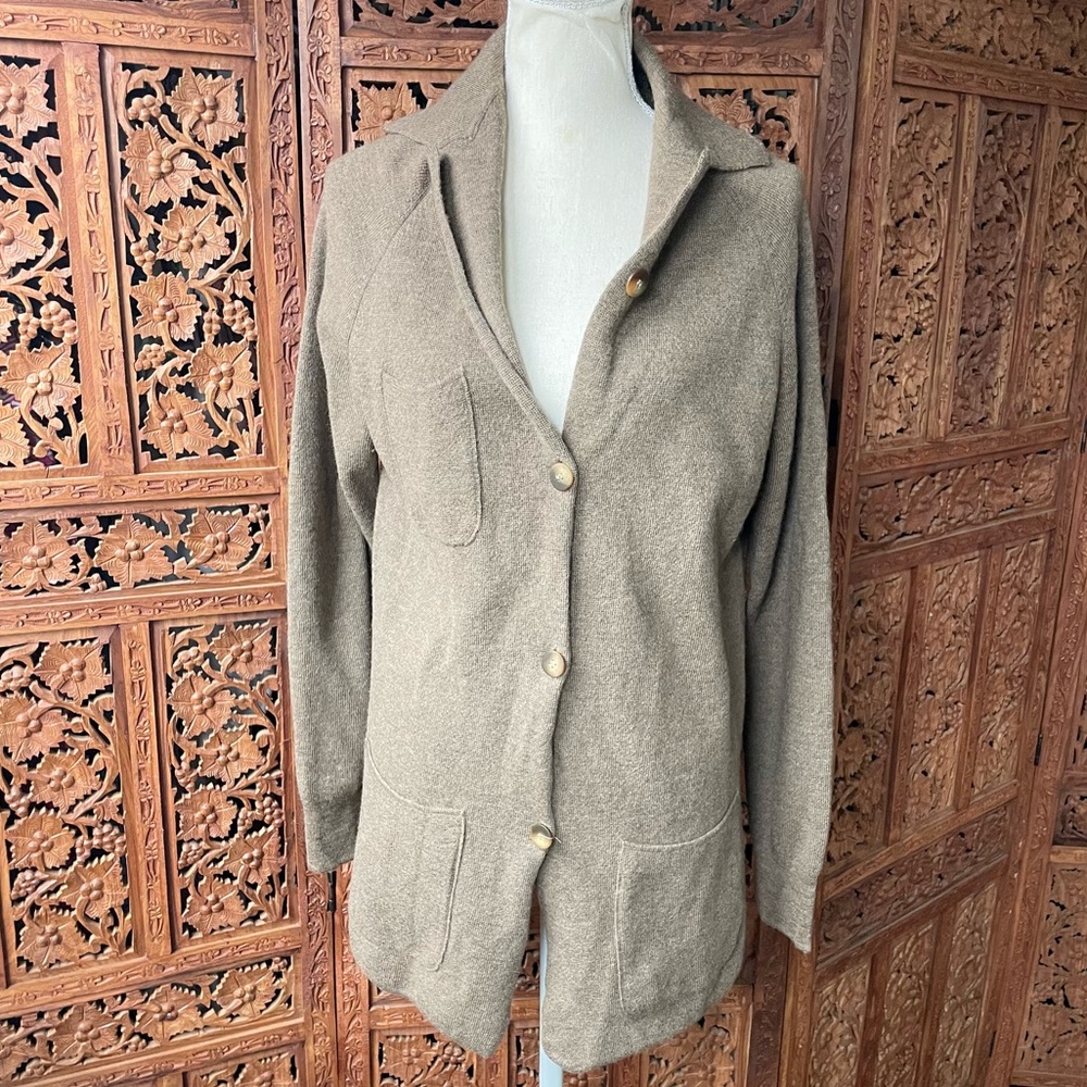 Merino Wool Soft Taupe Button-Front Knit Sweater Cardigan Jacket